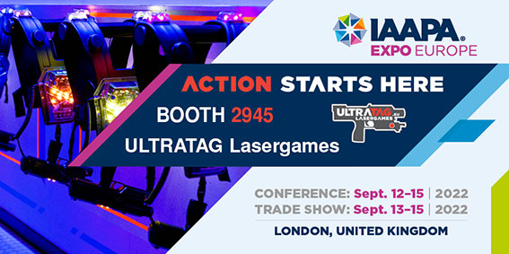 Promotional banner for IAAPA Expo Europe featuring flashing laser tag guns, highlighting ULTRATAG Lasergames at booth 2945, with event dates and location in London, United Kingdom.