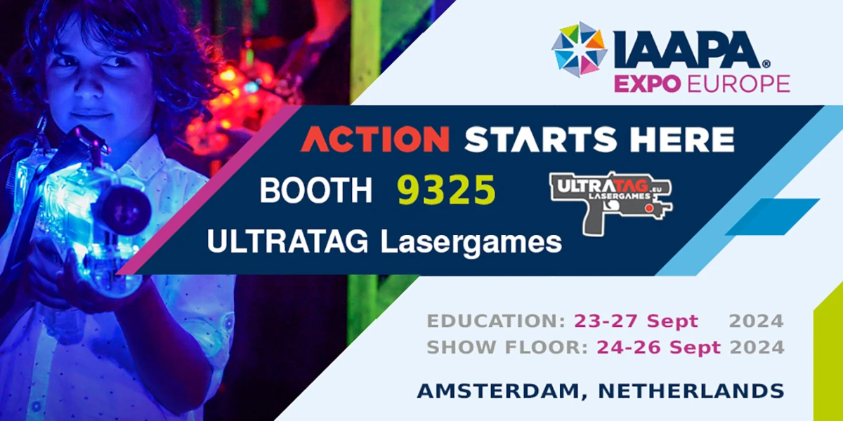 A promotional graphic for IAAPA Expo Europe featuring a child playing laser tag, booth number 9325 for ULTRATAG Lasergames, and event dates: education Sept 23-27, show floor Sept 24-26, 2024, in Amsterdam, Netherlands.